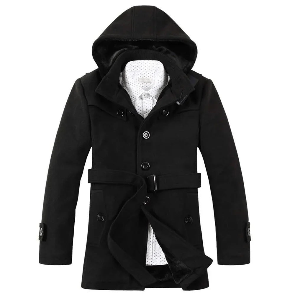 Herren-Trenchcoat mit Kapuze – Wollmischung, Kunstpelz gefüttert, einreihiges Design