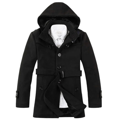 Herren-Trenchcoat mit Kapuze – Wollmischung, Kunstpelz gefüttert, einreihiges Design