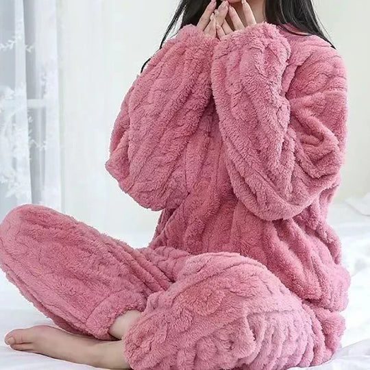 Damen Fleece Hausanzug – Weiches Rippvelours Set für den Winter