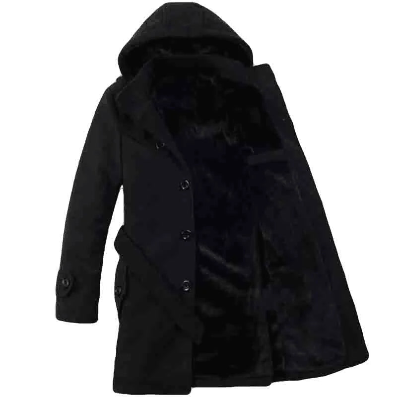Herren-Trenchcoat mit Kapuze – Wollmischung, Kunstpelz gefüttert, einreihiges Design