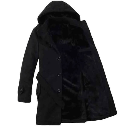 Herren-Trenchcoat mit Kapuze – Wollmischung, Kunstpelz gefüttert, einreihiges Design
