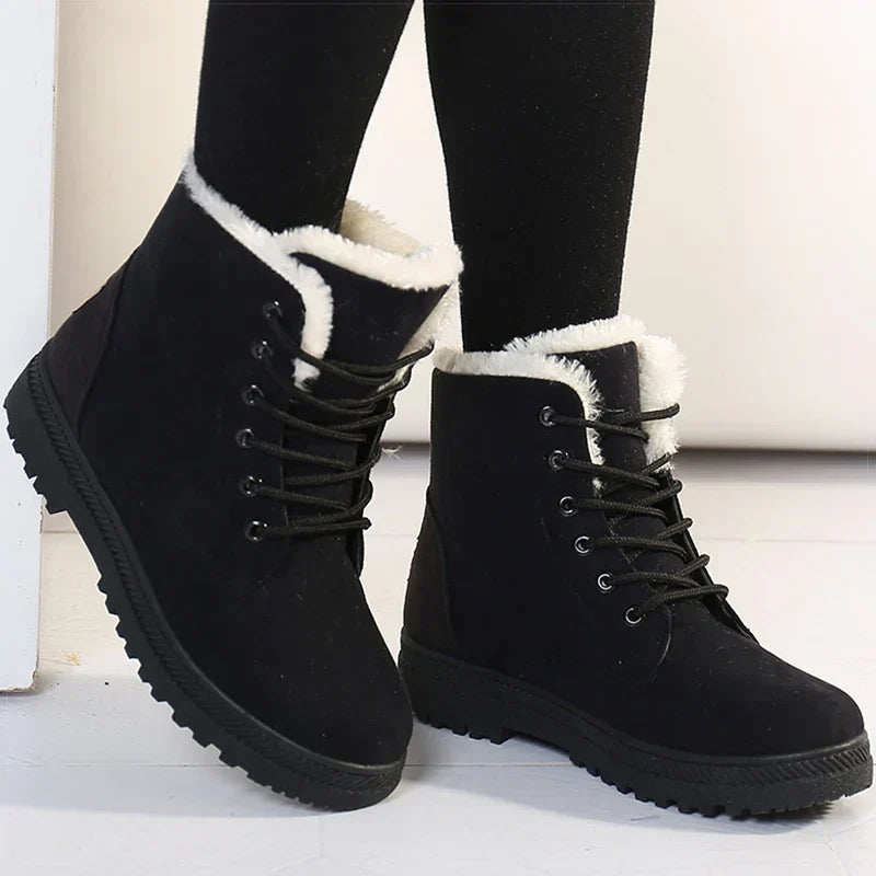Fleecegevoerde Dames Winterboots – Warme Enkellaarsjes met Vetersluiting