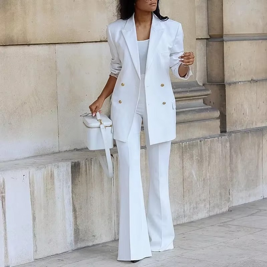 Eleganter Damenblazer mit Knopfverschluss & ausgestellte Hose – Zweiteiliges Set für jede Jahreszeit