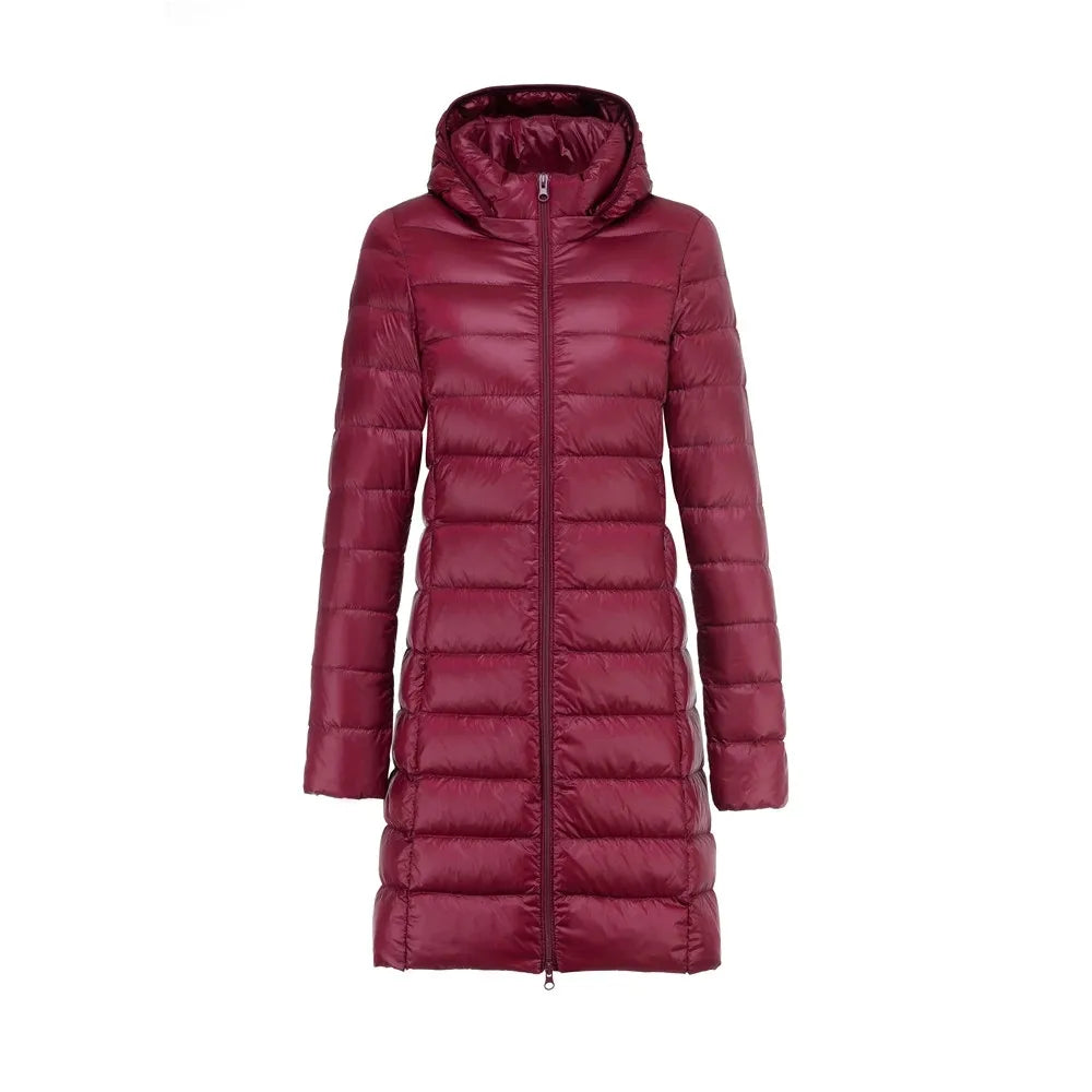 Lange Dames Donsjas met Afneembare Capuchon – Lichtgewicht & Warm