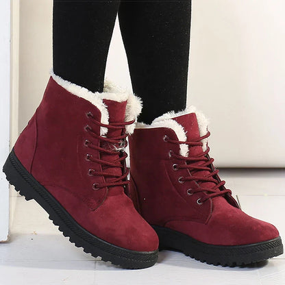 Fleecegevoerde Dames Winterboots – Warme Enkellaarsjes met Vetersluiting