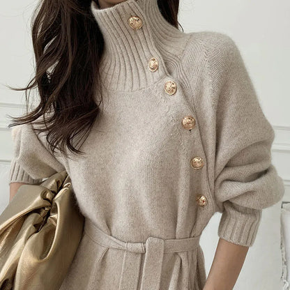 Damen Asymmetrisches Kleid mit langen Ärmeln und Knöpfen