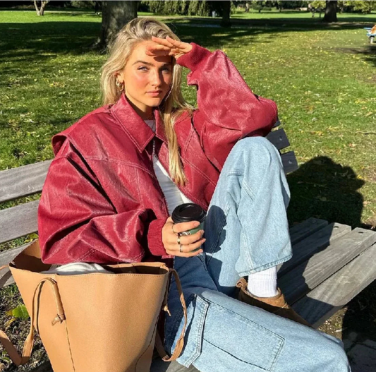 Dames Oversized Leren Jas Rood – Trendy & Stoer