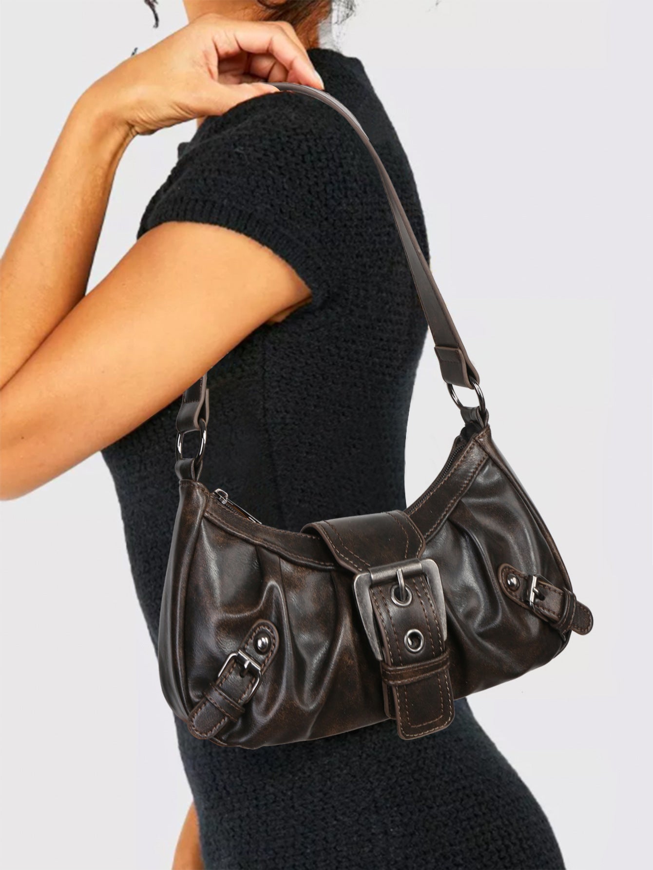 Hobo Bag van Vintage Kunstleer – Met Gesp en Verstelbare Schouderriem
