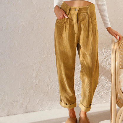 Corduroy Damesbroek met Hoge Taille en Opgerolde Zomen