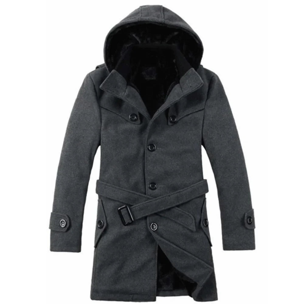 Herren-Trenchcoat mit Kapuze – Wollmischung, Kunstpelz gefüttert, einreihiges Design
