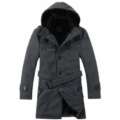 Herren-Trenchcoat mit Kapuze – Wollmischung, Kunstpelz gefüttert, einreihiges Design