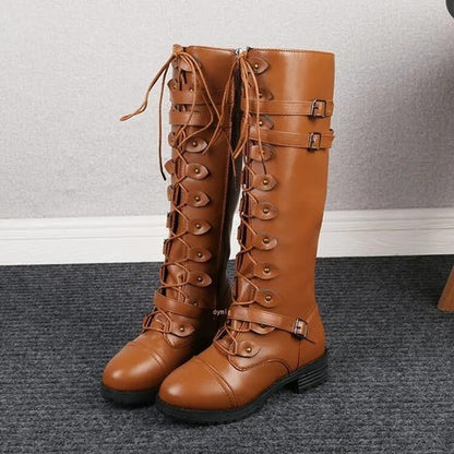 Retro Platte Dameslaarzen met Gesp en Veters – Comfort & Stijlvol Design