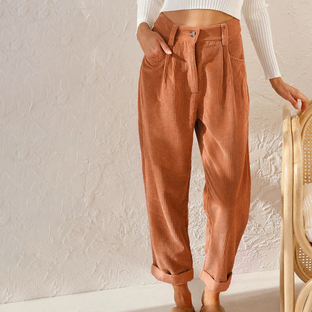 Corduroy Damesbroek met Hoge Taille en Opgerolde Zomen