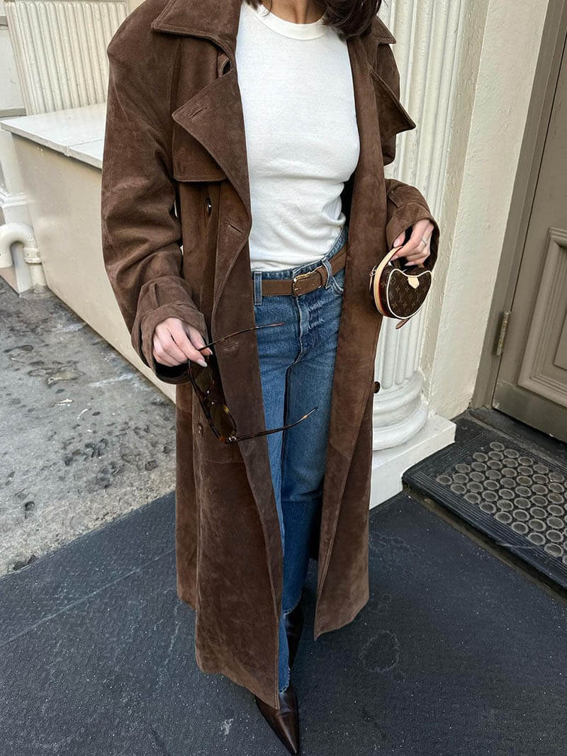 Suède Trenchcoat voor Dames – Klassieke Lange Jas met Ceintuur
