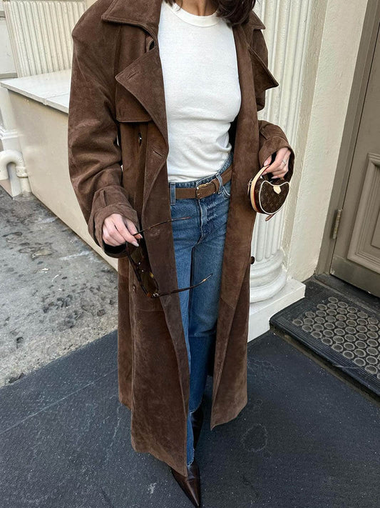 Suède Trenchcoat voor Dames – Klassieke Lange Jas met Ceintuur