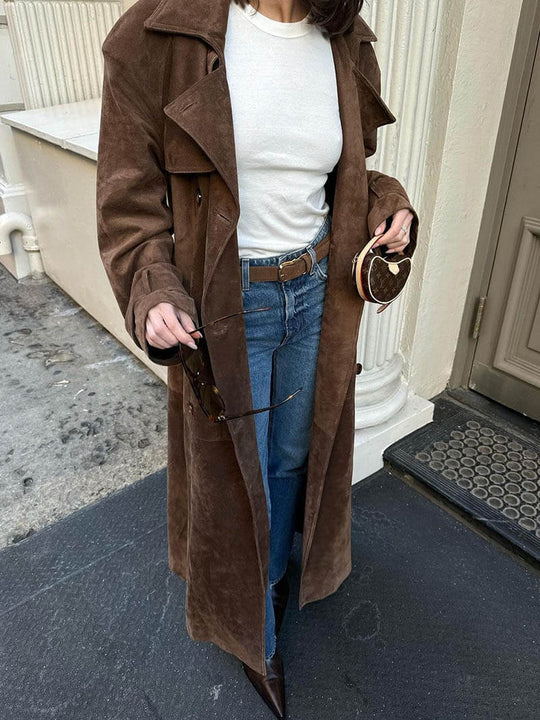 Suède Trenchcoat voor Dames – Klassieke Lange Jas met Ceintuur