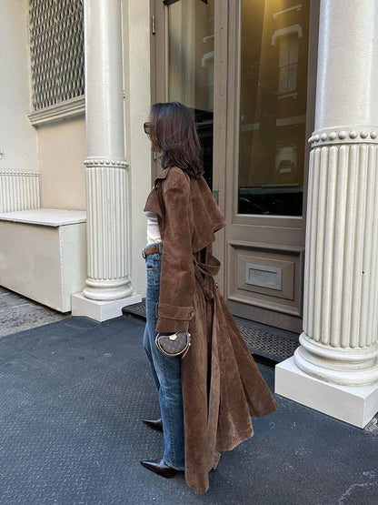 Suède Trenchcoat voor Dames – Klassieke Lange Jas met Ceintuur