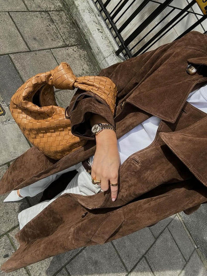 Suède Trenchcoat voor Dames – Klassieke Lange Jas met Ceintuur
