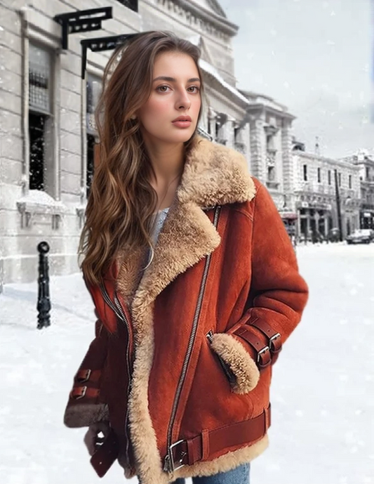 Damen Aviator Winterjacke mit Kunstfell – Warme Jacke mit Schnallen und Weichem Futter