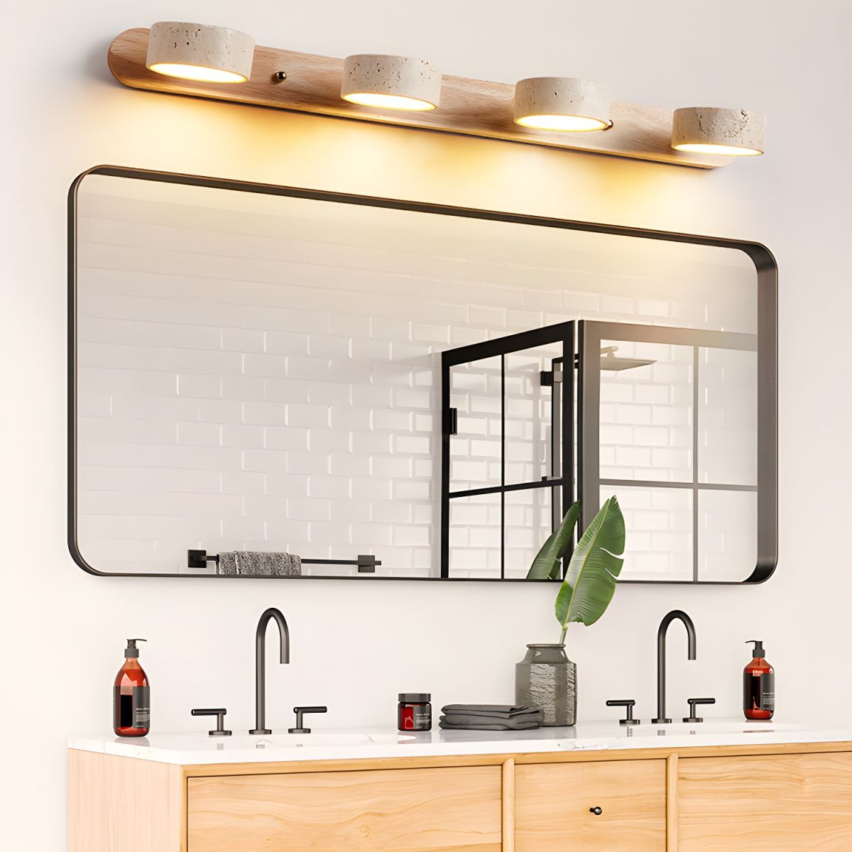 Travertin Duo Wandlamp – Natuursteen en Hout in Minimalistisch Design