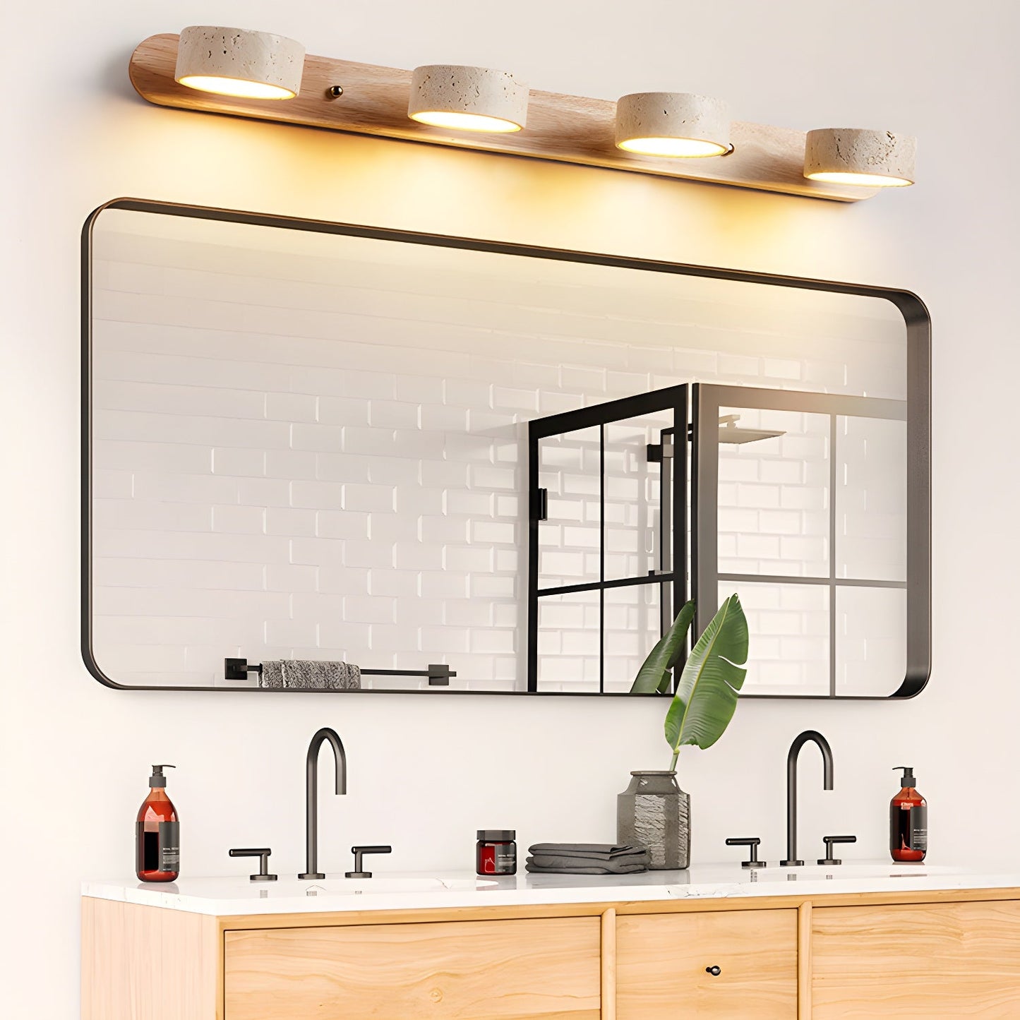 Travertin Duo Wandlamp – Natuursteen en Hout in Minimalistisch Design
