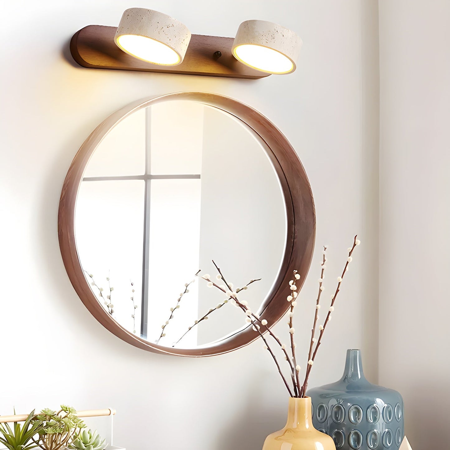 Travertin Duo Wandlamp – Natuursteen en Hout in Minimalistisch Design