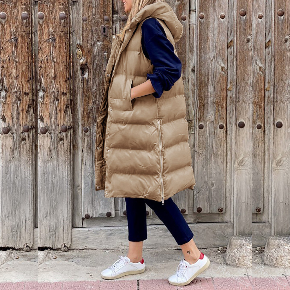 Lange Gewatteerde Dames Bodywarmer met Capuchon – Mouwloos & Warm