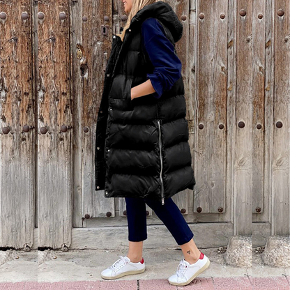 Lange Gewatteerde Dames Bodywarmer met Capuchon – Mouwloos & Warm