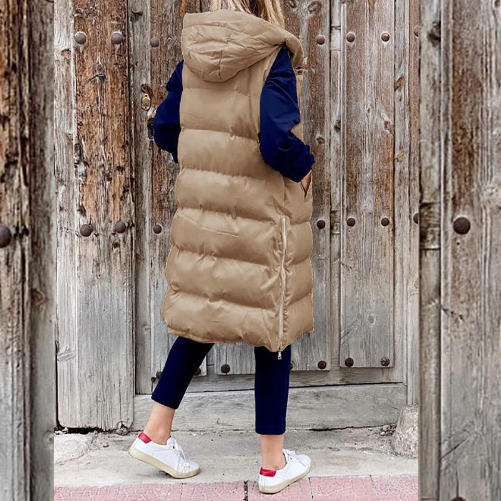 Lange Gewatteerde Dames Bodywarmer met Capuchon – Mouwloos & Warm