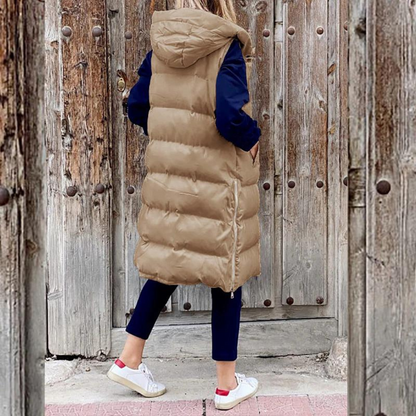 Lange Gewatteerde Dames Bodywarmer met Capuchon – Mouwloos & Warm