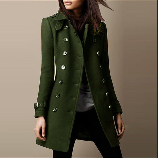 Dames trenchcoat van tweed – Middellang en dubbel rij knopen