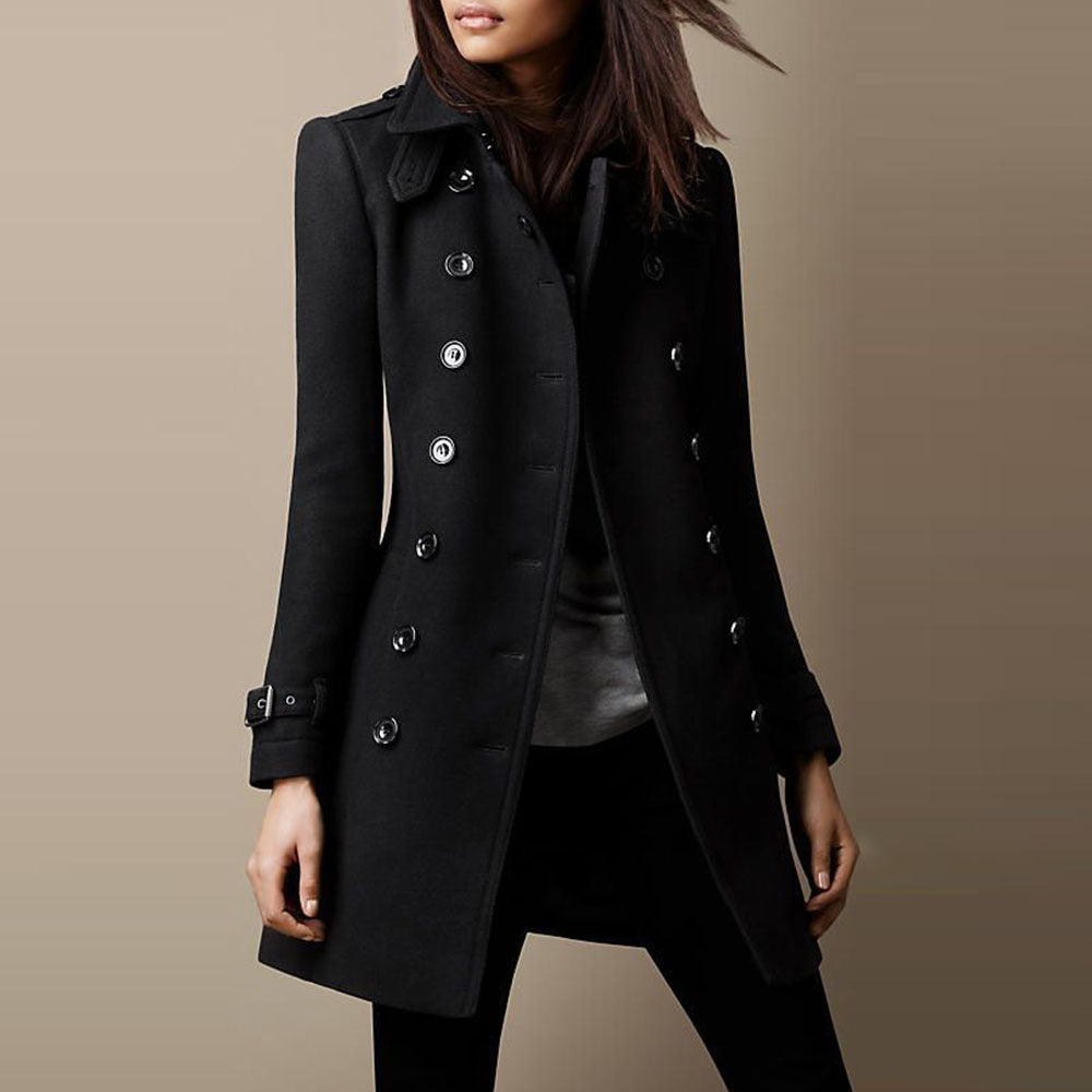 Dames trenchcoat van tweed – Middellang en dubbel rij knopen