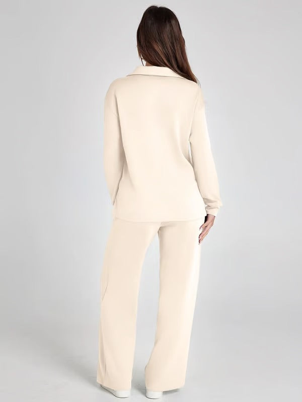 Damen Zweiteiliges Set mit V-Ausschnitt Sweatshirt und Weite Hose – Bequem & Stilvoll – Für Herbst/Winter