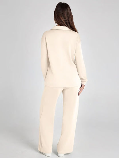 Damen Zweiteiliges Set mit V-Ausschnitt Sweatshirt und Weite Hose – Bequem & Stilvoll – Für Herbst/Winter