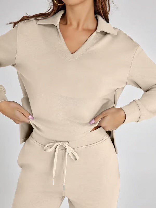 Damen Zweiteiliges Set mit V-Ausschnitt Sweatshirt und Weite Hose – Bequem & Stilvoll – Für Herbst/Winter