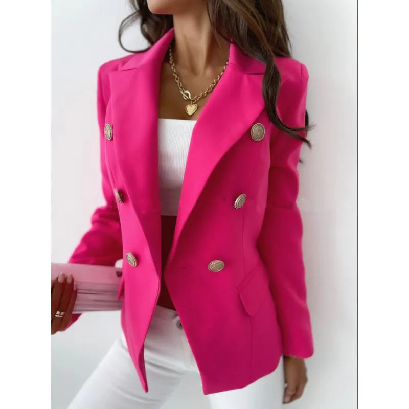 Lange Elegante Damesblazer met Dubbele Knoopsluiting – Zakelijke Stijl voor Elk Seizoen