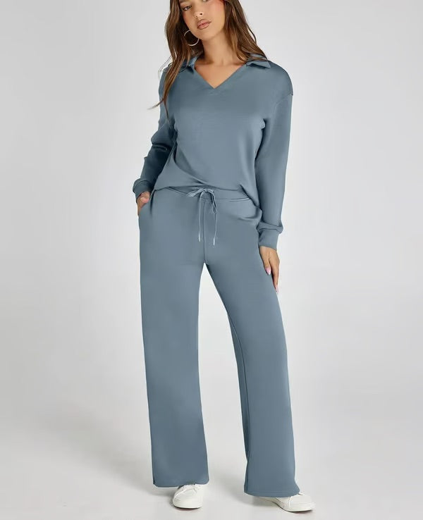 Damen Zweiteiliges Set mit V-Ausschnitt Sweatshirt und Weite Hose – Bequem & Stilvoll – Für Herbst/Winter