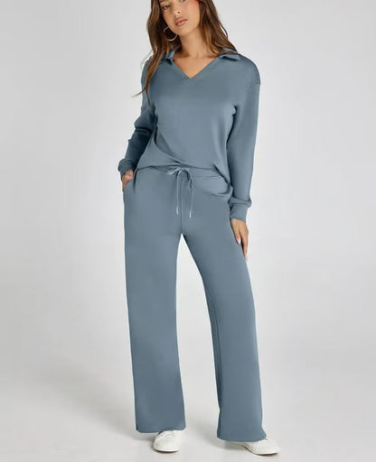Damen Zweiteiliges Set mit V-Ausschnitt Sweatshirt und Weite Hose – Bequem & Stilvoll – Für Herbst/Winter