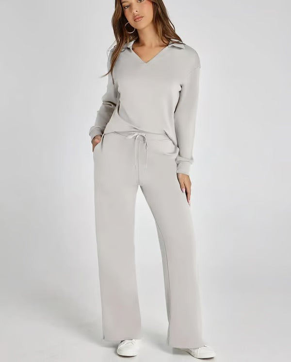 Damen Zweiteiliges Set mit V-Ausschnitt Sweatshirt und Weite Hose – Bequem & Stilvoll – Für Herbst/Winter