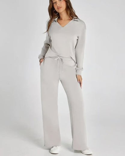 Damen Zweiteiliges Set mit V-Ausschnitt Sweatshirt und Weite Hose – Bequem & Stilvoll – Für Herbst/Winter