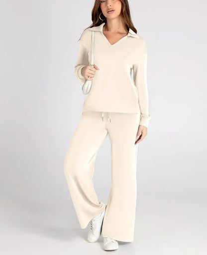 Damen Zweiteiliges Set mit V-Ausschnitt Sweatshirt und Weite Hose – Bequem & Stilvoll – Für Herbst/Winter