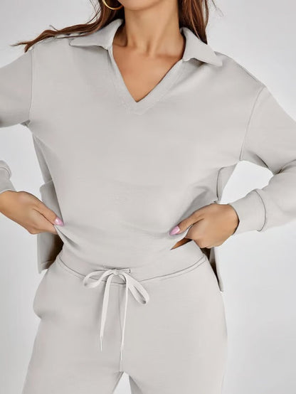 Damen Zweiteiliges Set mit V-Ausschnitt Sweatshirt und Weite Hose – Bequem & Stilvoll – Für Herbst/Winter