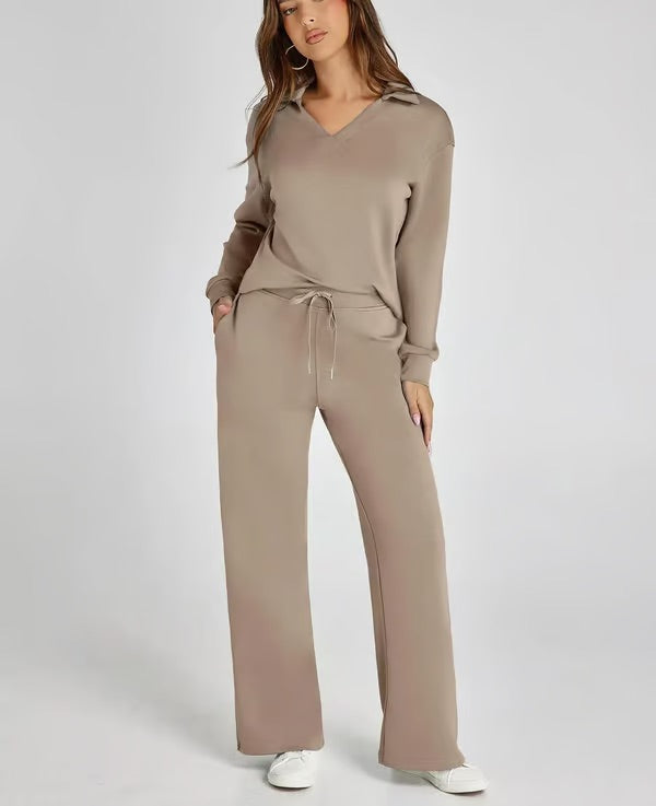 Damen Zweiteiliges Set mit V-Ausschnitt Sweatshirt und Weite Hose – Bequem & Stilvoll – Für Herbst/Winter