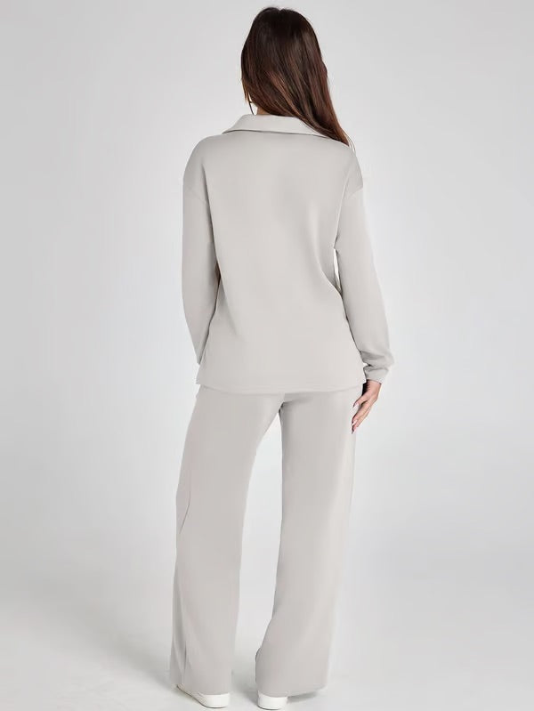 Damen Zweiteiliges Set mit V-Ausschnitt Sweatshirt und Weite Hose – Bequem & Stilvoll – Für Herbst/Winter