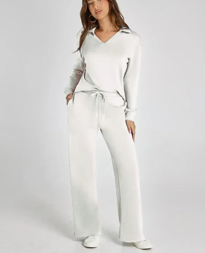 Damen Zweiteiliges Set mit V-Ausschnitt Sweatshirt und Weite Hose – Bequem & Stilvoll – Für Herbst/Winter
