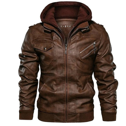 Heren leren jas met afneembare capuchon en quilt details