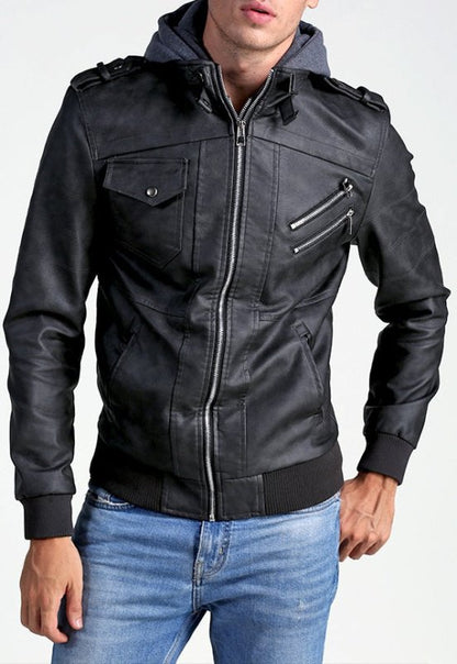 Heren leren jas met afneembare capuchon en quilt details