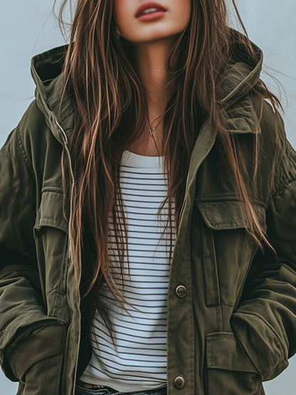 Vintage winddichte Arbeitsjacke mit Kapuze und mehreren Taschen – Für draußen & Freizeitgebrauch