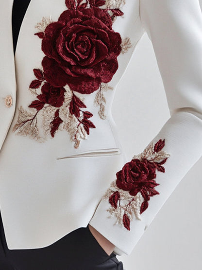 Witte Blazer met Rode Rozen Borduursel – Chic & Elegant