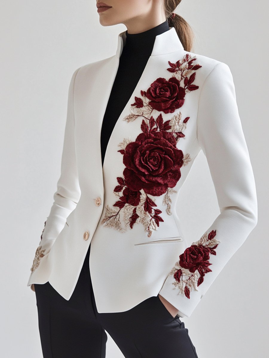 Witte Blazer met Rode Rozen Borduursel – Chic & Elegant